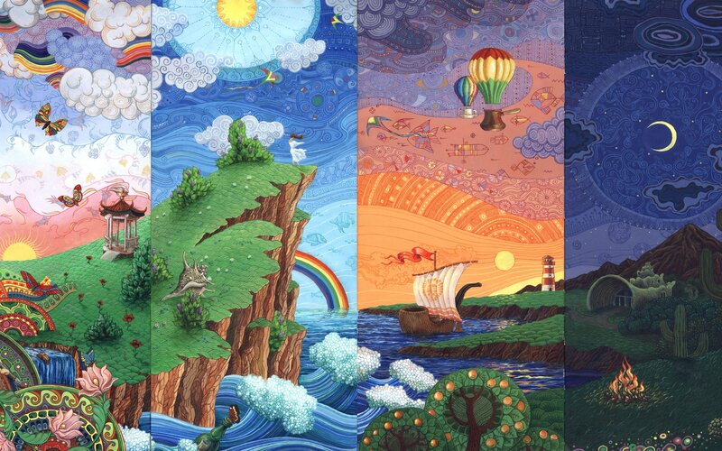 Four-panel Fantasy Landscape — Blue, Whimsical, Day