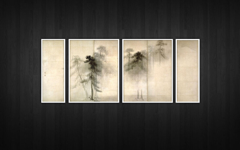 Four-panel ink painting of trees