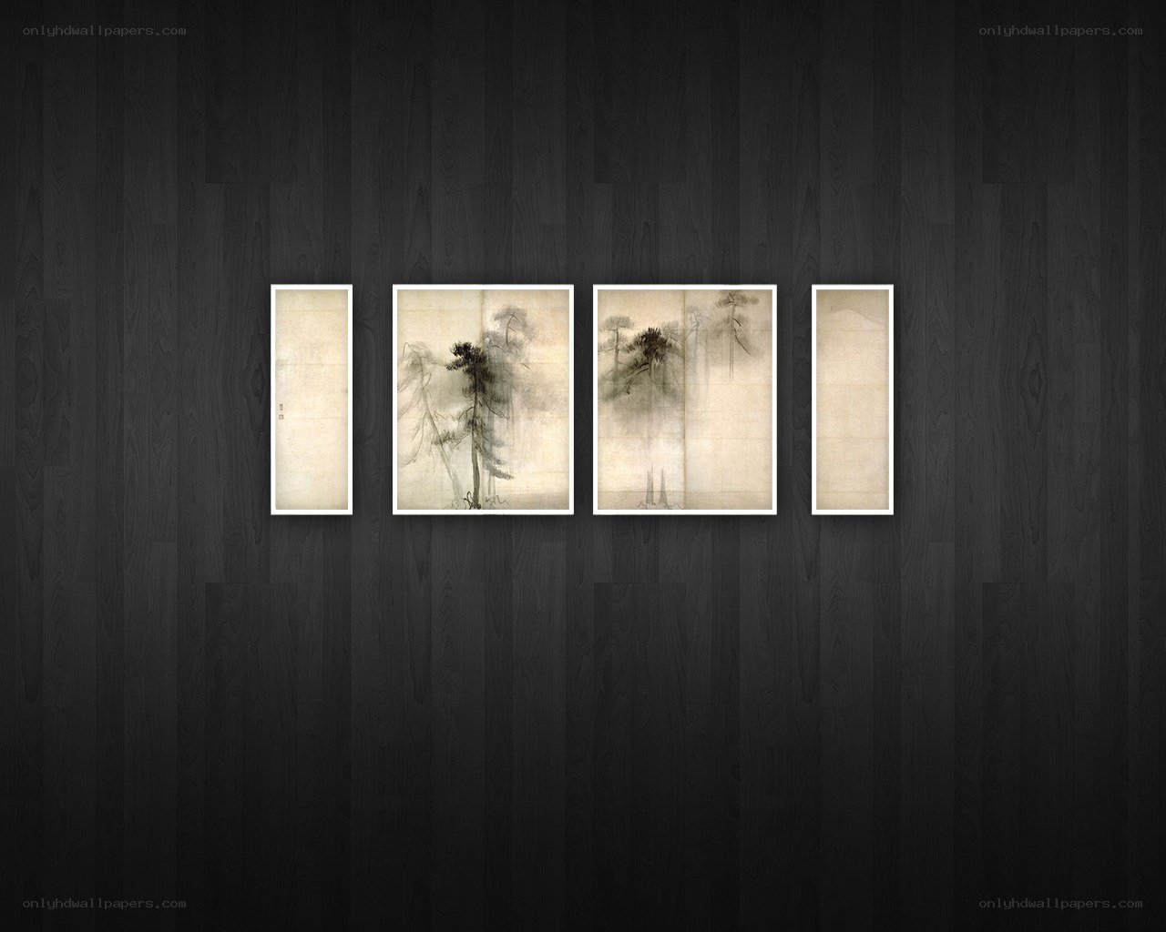 Four-panel ink painting on wall