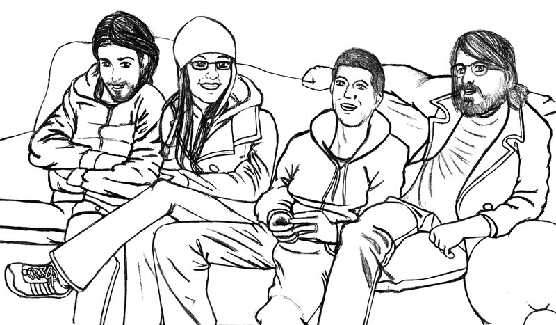 four people on a couch