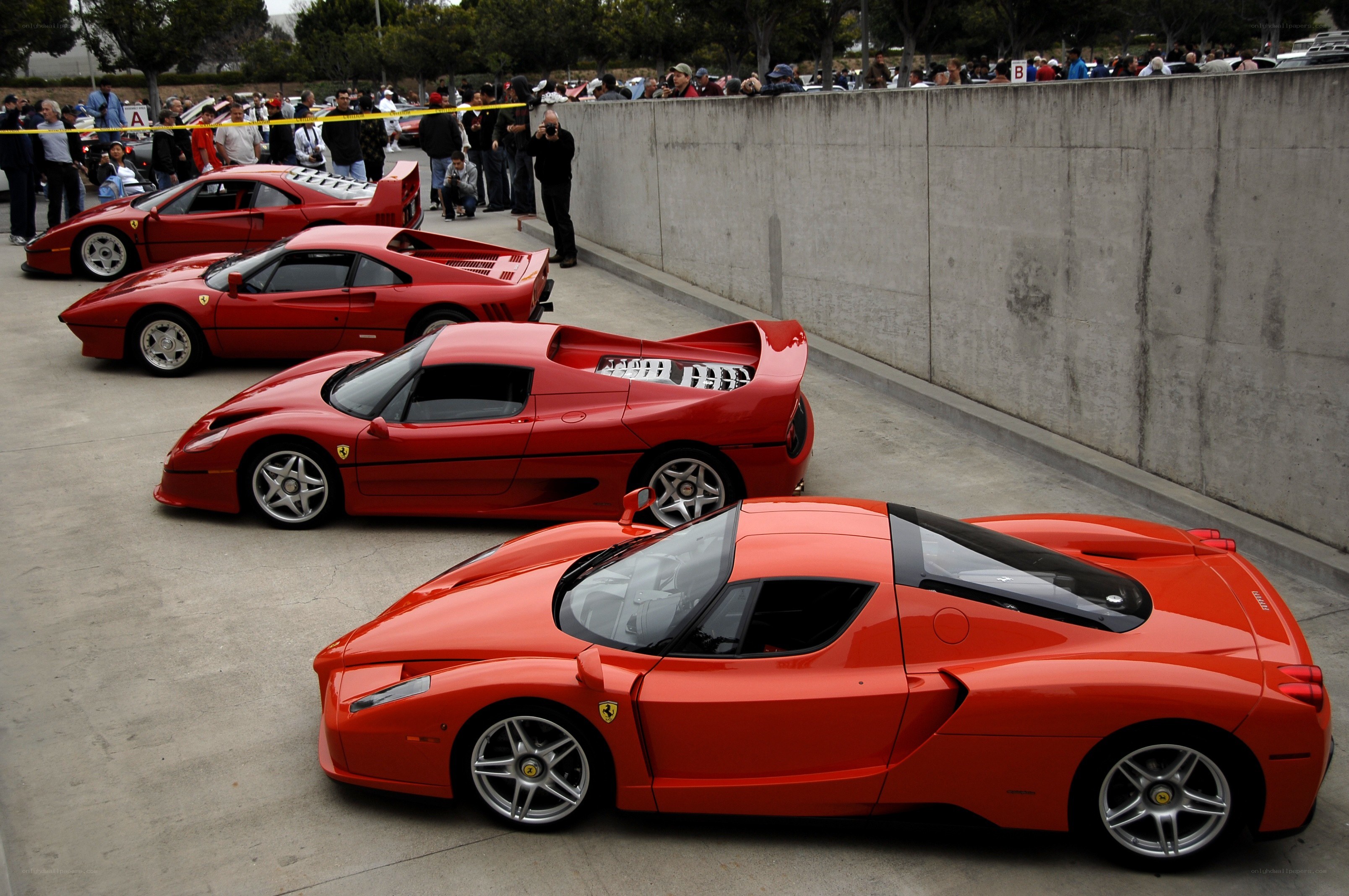 Four red Ferraris on display