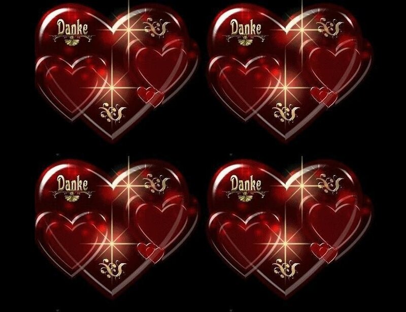 Four red hearts with 'Danke' text