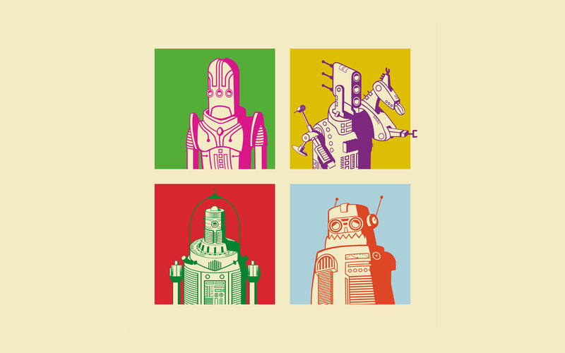 four retro robots in pop art style