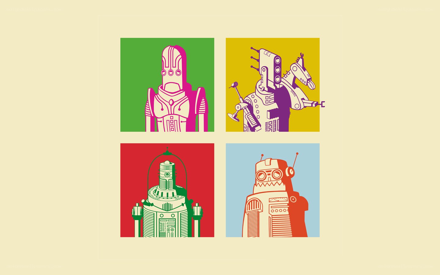 four retro robots in pop art style