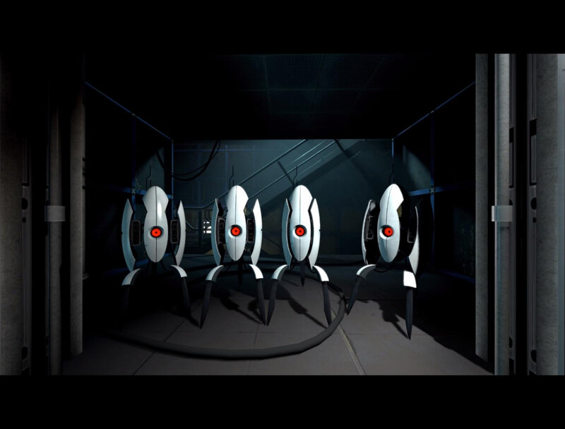 four robots in a dark corridor