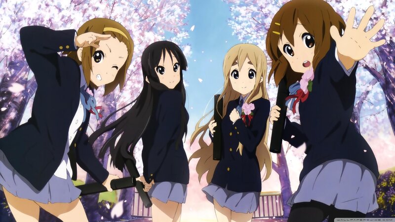 Four Schoolgirls in Uniform — Blue, Cheerful, Spring, Anime