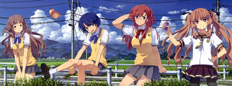 Four Schoolgirls in Uniform — Blue, Serene, Afternoon, Anime