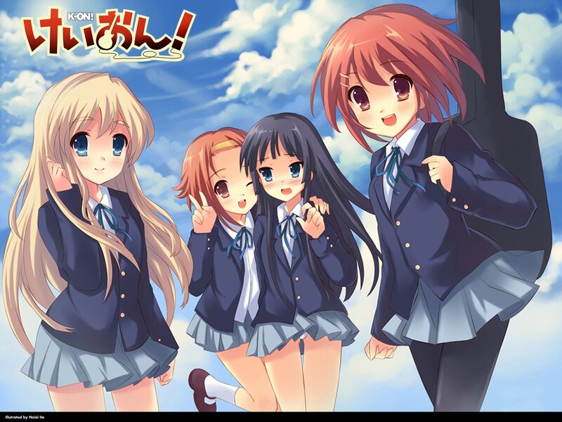 Four Schoolgirls in Uniforms — Blue, Cheerful, Afternoon, Anime, School Uniform, Backpack