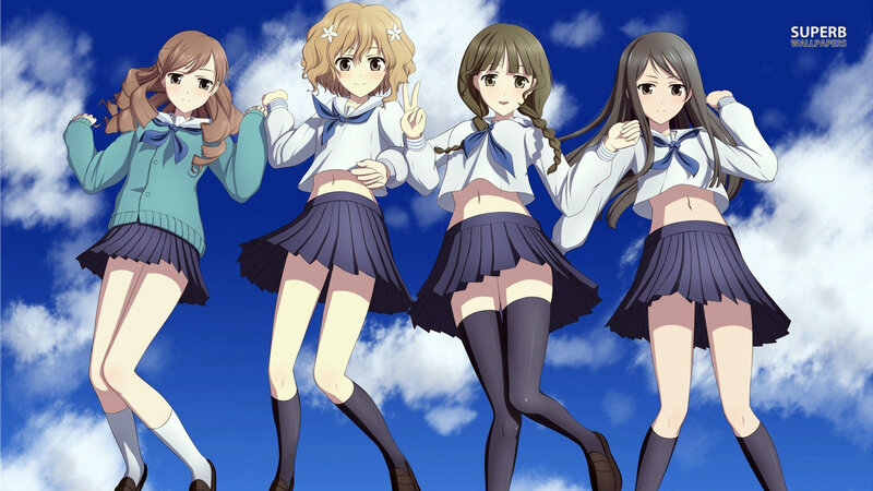 Four Schoolgirls in Uniforms — Blue, Cheerful, Afternoon