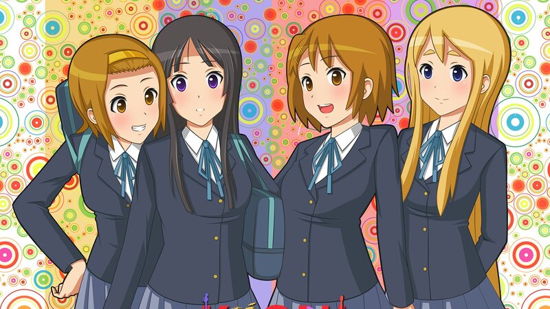 Four Schoolgirls in Uniforms — Blue, Cheerful, Anime, School Uniform, Backpacks