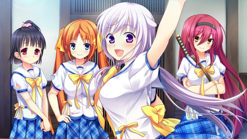 Four Schoolgirls in Uniforms — Blue, Cheerful, Anime, School Uniform