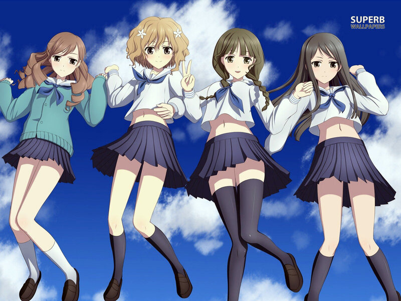 Four Schoolgirls in Uniforms — Blue, Cheerful