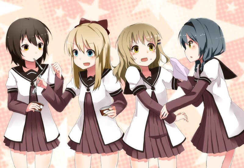 Four Schoolgirls in Uniforms — White, Cheerful