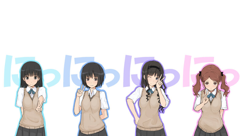 Four Schoolgirls in Uniforms — White, Playful, Anime, School Uniform