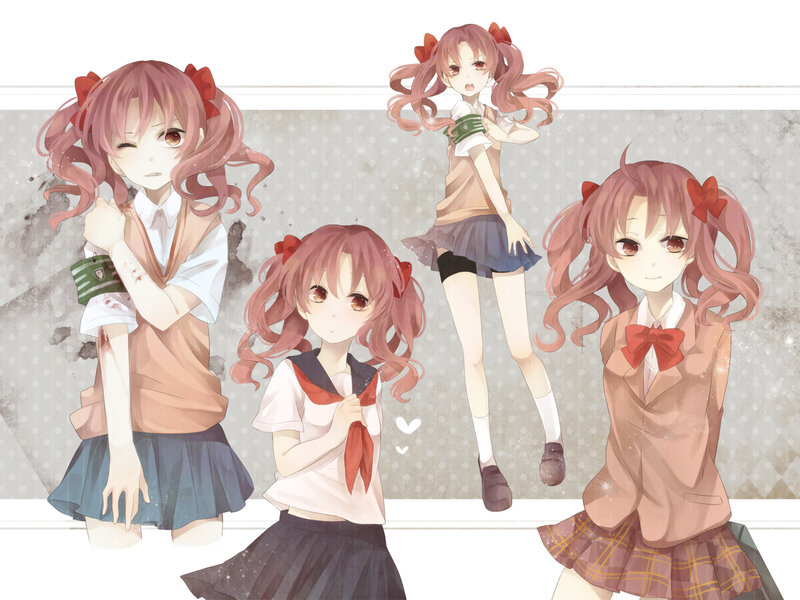 Four schoolgirls in various poses