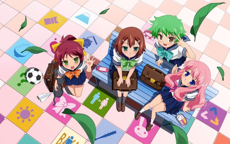 Four Schoolgirls on Bench — Pink, Playful, Afternoon, Anime