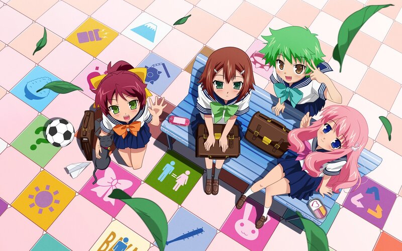 Four Schoolgirls on Bench — Pink, Playful