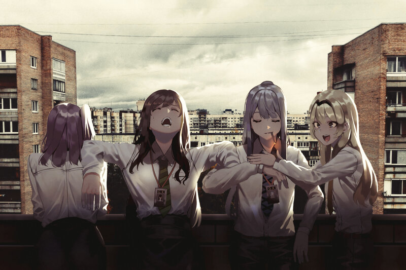 Four Schoolgirls on Rooftop — Gray