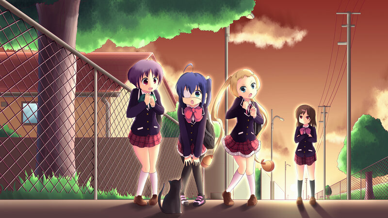 Four Schoolgirls on Sidewalk