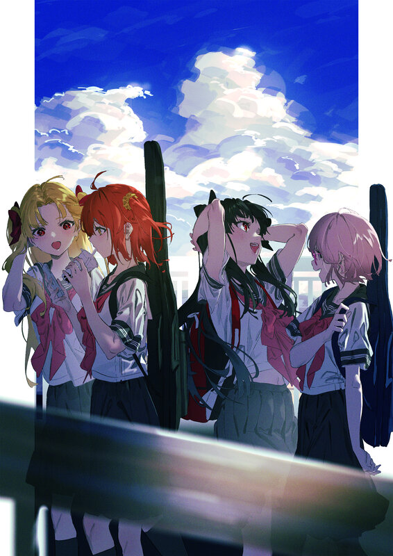 Four Schoolgirls Standing — Blue, Dramatic