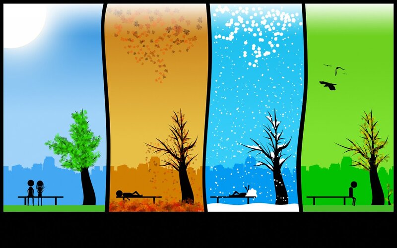 Four Seasons Landscape — Green, Serene, Illustration