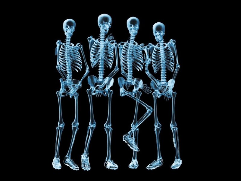 Four Skeletons Standing — Blue, Clinical, Digital Art, X-ray Style