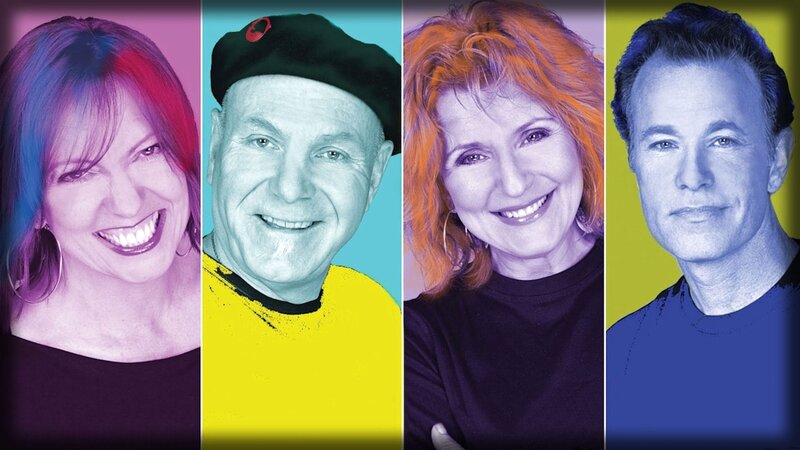 four smiling people in colorful panels