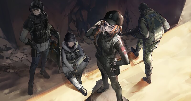 Four Soldiers in Combat Gear — Black, Dramatic