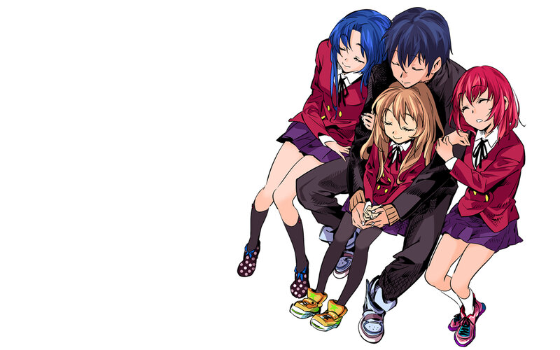Four Students Huddled — Red