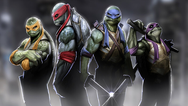 Four Turtle Warriors — Green, Dramatic, Digital Art