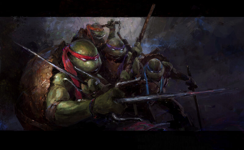 Four Turtle Warriors — Green, Dramatic, Night, Digital Art, Swords