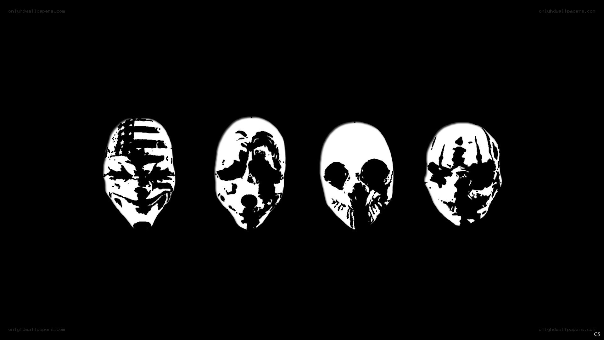 four white masks on black
