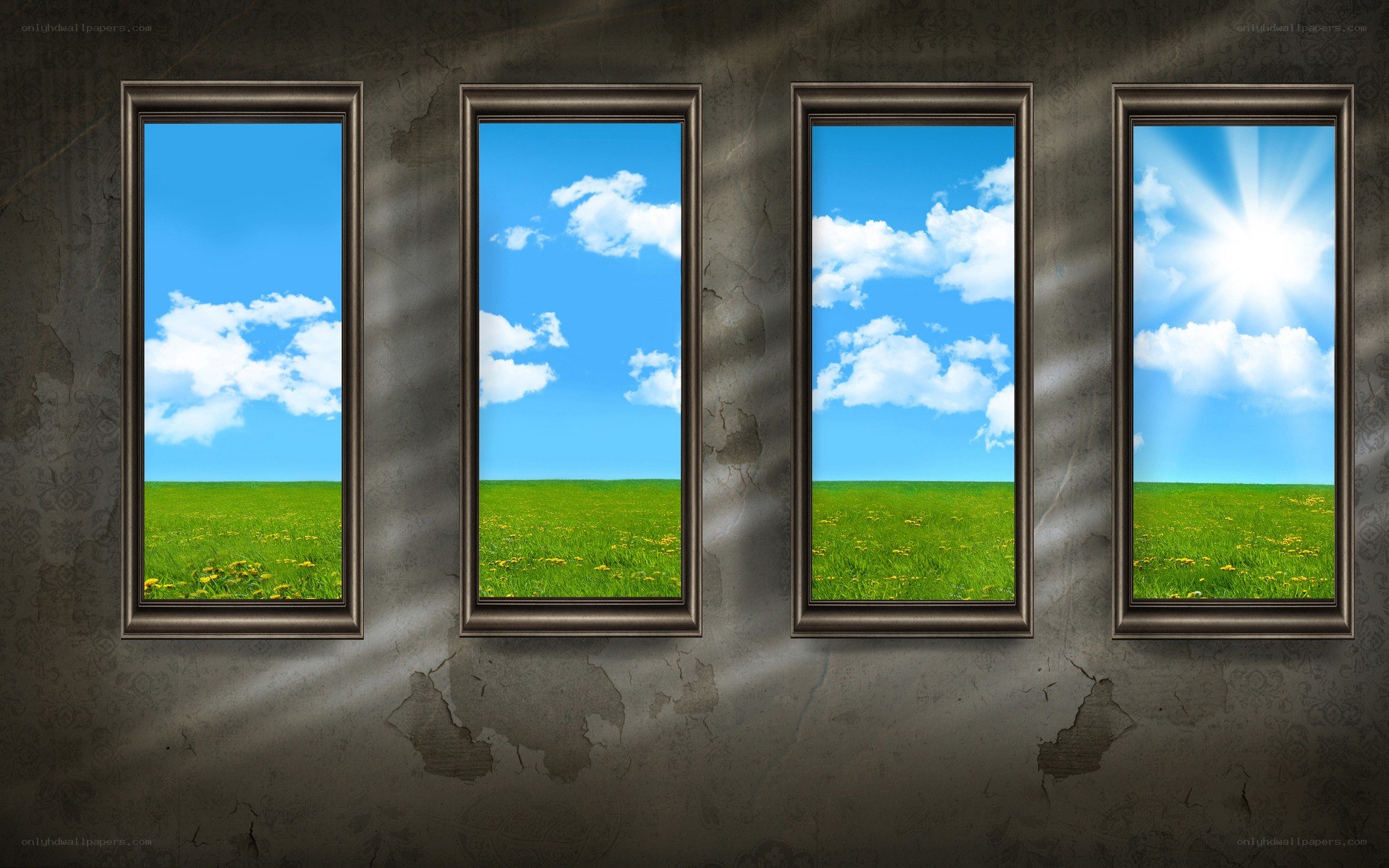 Four windows to a green field