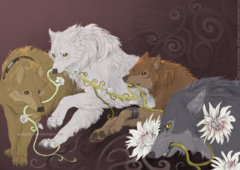 four wolves with flowers