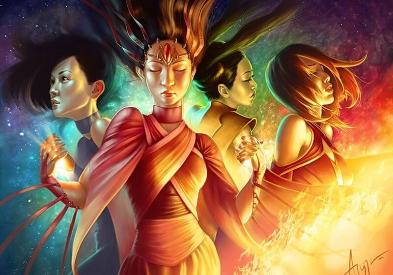 Four women in cosmic attire
