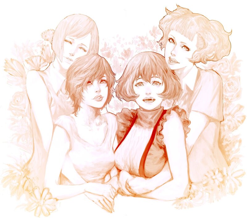 four women in floral setting