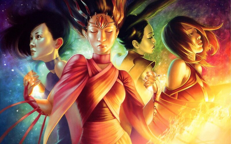 Four women in vibrant robes