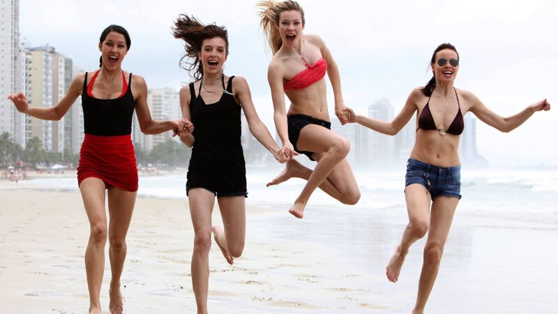 Four Women on Beach — Blue, Joyful
