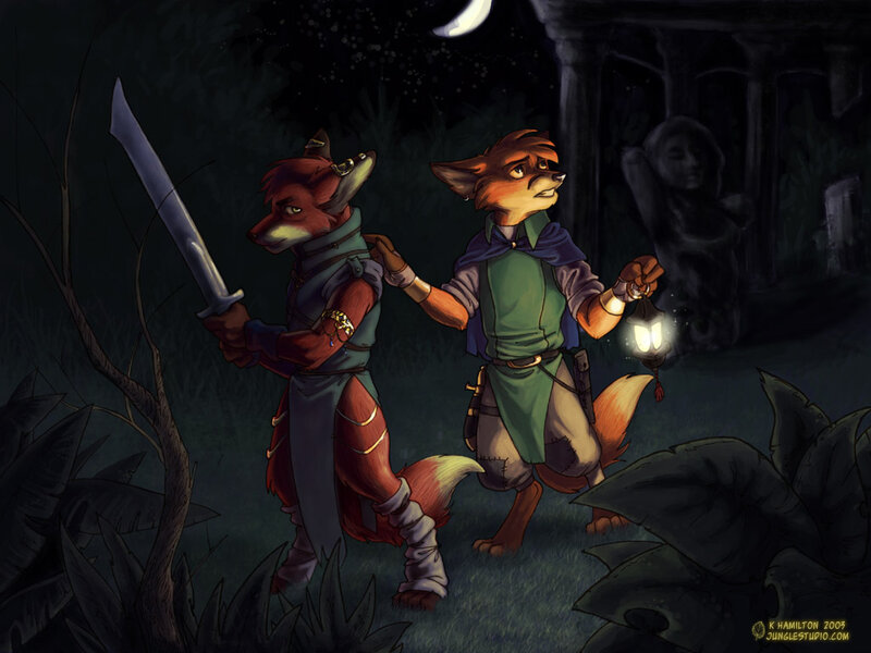 Fox adventurers in a dark forest
