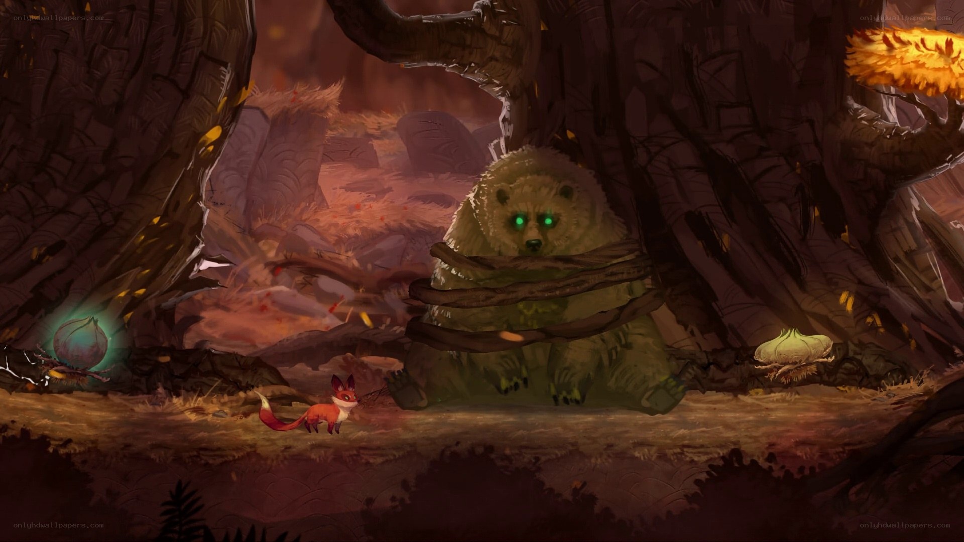 Fox and bear in a forest