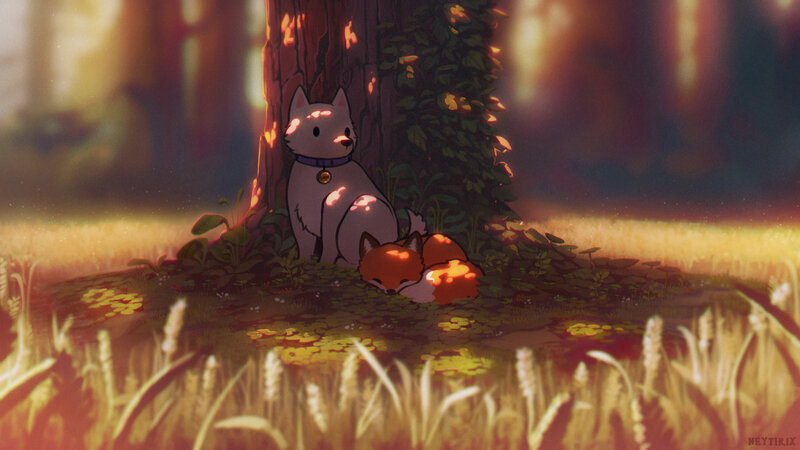 Fox and Dog in Forest