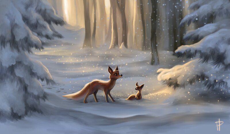 Fox and Fox Kit — White, Serene