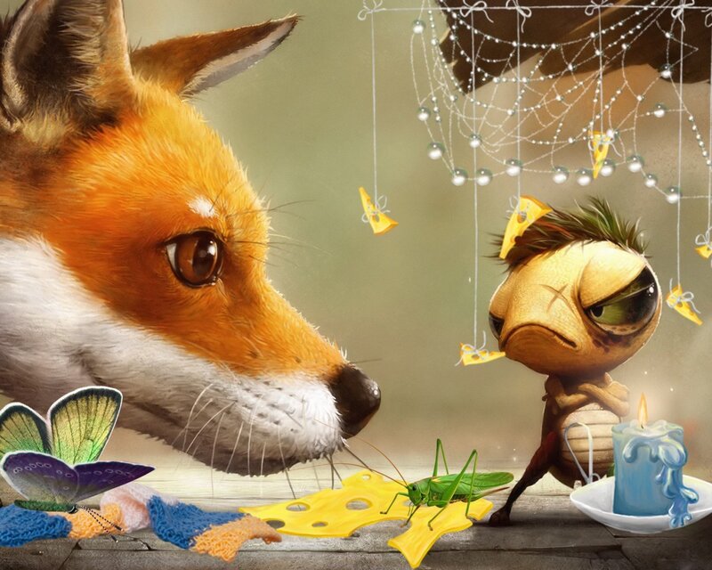 fox and insect at a table
