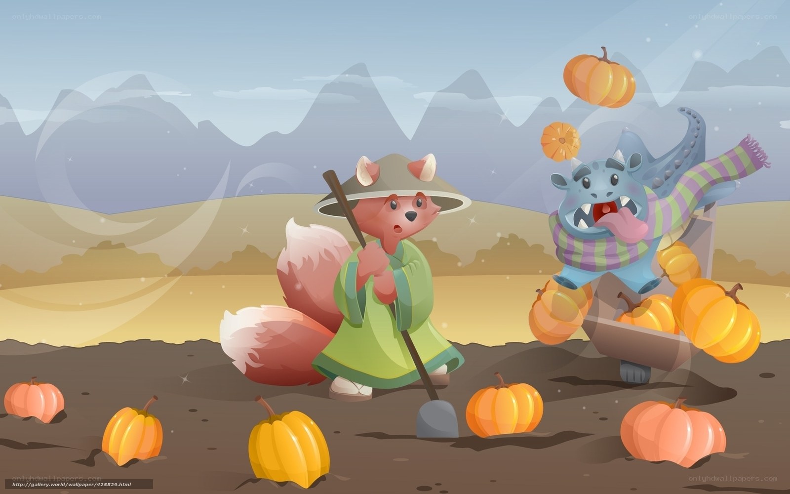 Fox and monster harvesting pumpkins