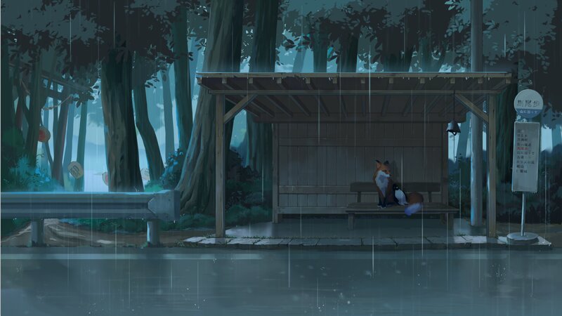 Fox and Penguin at Bus Stop