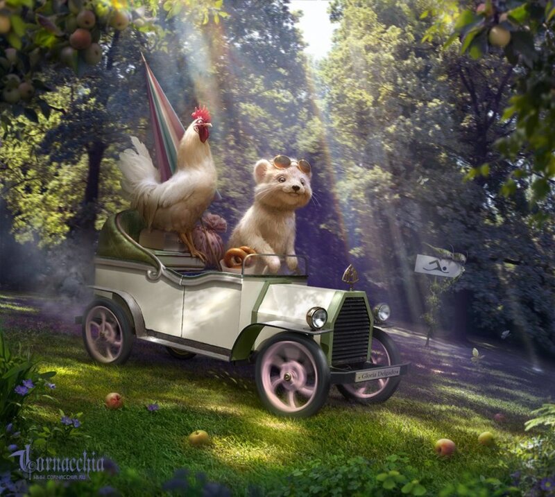 Fox and Rooster in Car