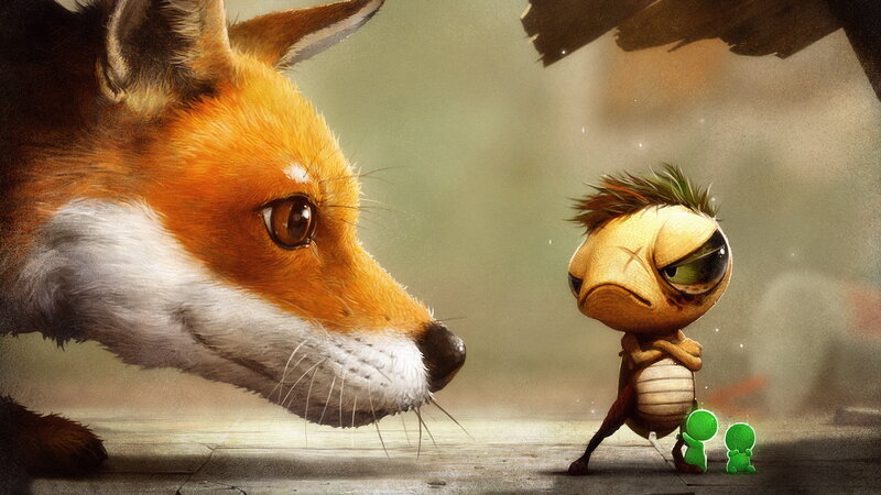 Fox and Small Creature — Orange, Dramatic