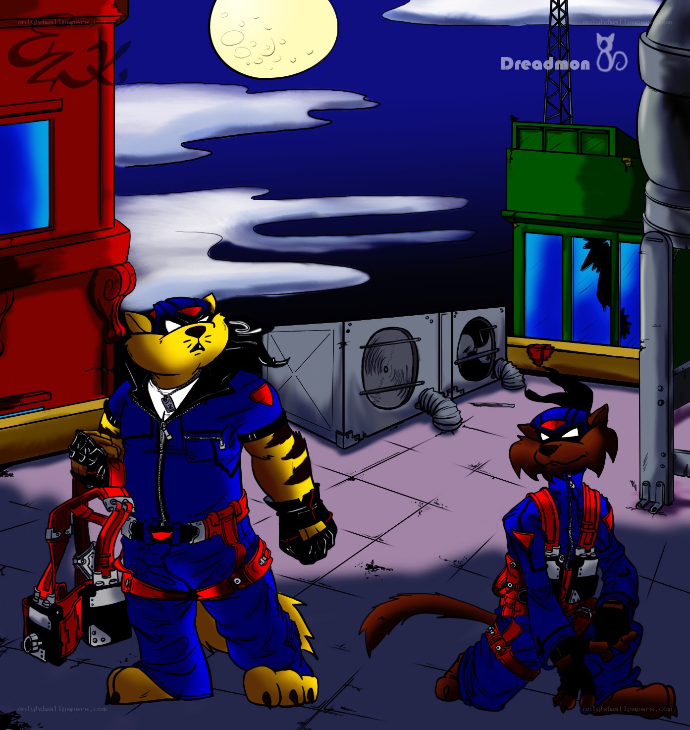 Fox and wolf on a rooftop