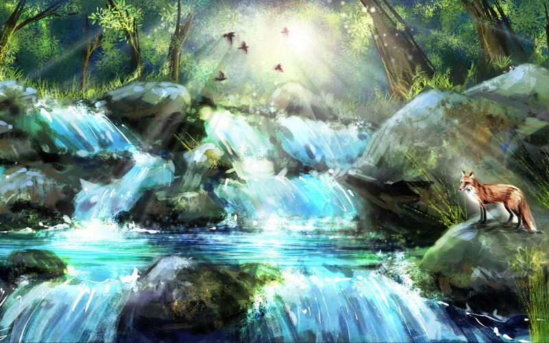 Fox by Waterfall