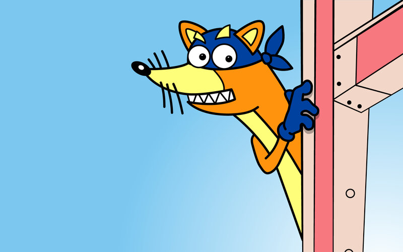 Fox character peeking from behind structure